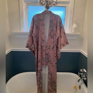 Kimono Robe Pink Floral Full Length Silk Lined Handmade